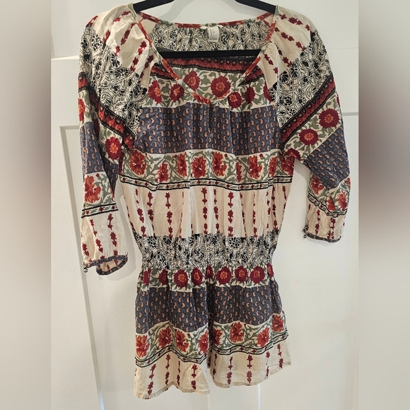 Forever 21 S Boho Hippie Peasant Shirt Blouse Mini Dress Gathered Waist Small - Picture 1 of 9